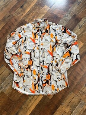 Patrick Church All Over Abstract Face Print Long Sleeve Button Down Shirt Medium